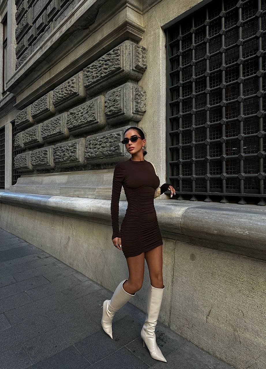 The Luxe Ruched Long Sleeve Mini Dress – 1043