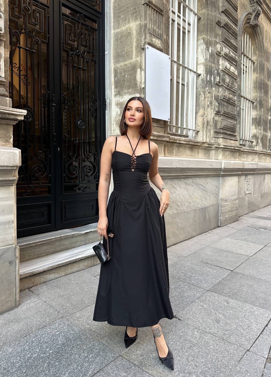 The Lace-Up Elegance Midi Dress - 1163