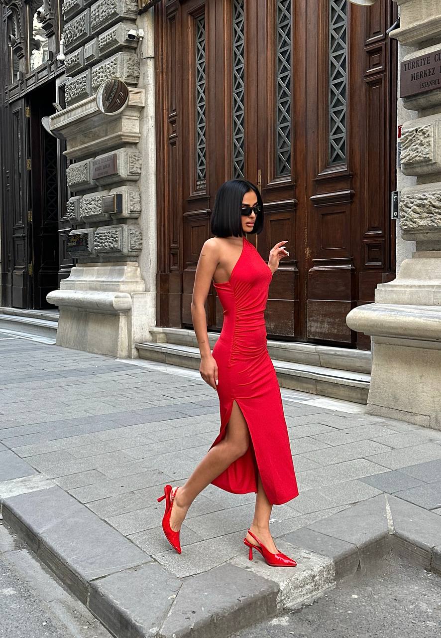 The One-Shoulder Ruched Elegance Midi Dress - 1184