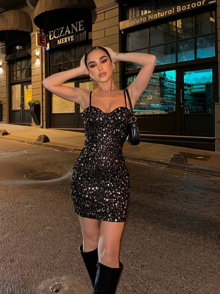 Midnight Spark Mini Dress Bodycon Sequin Glam - 1244