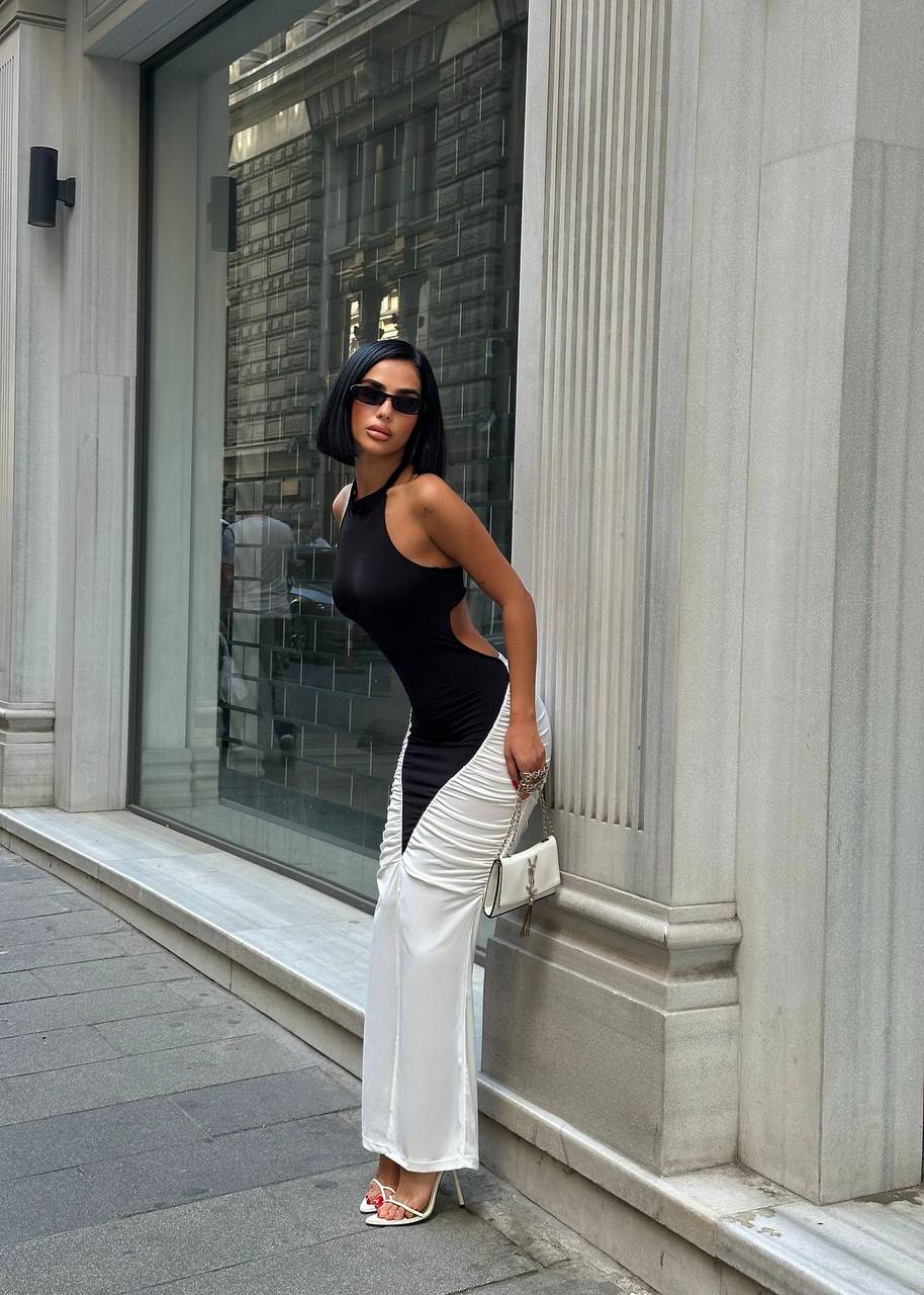 Midnight Charm  Maxi Dress  Bodycon  Contrast Ruched 1251