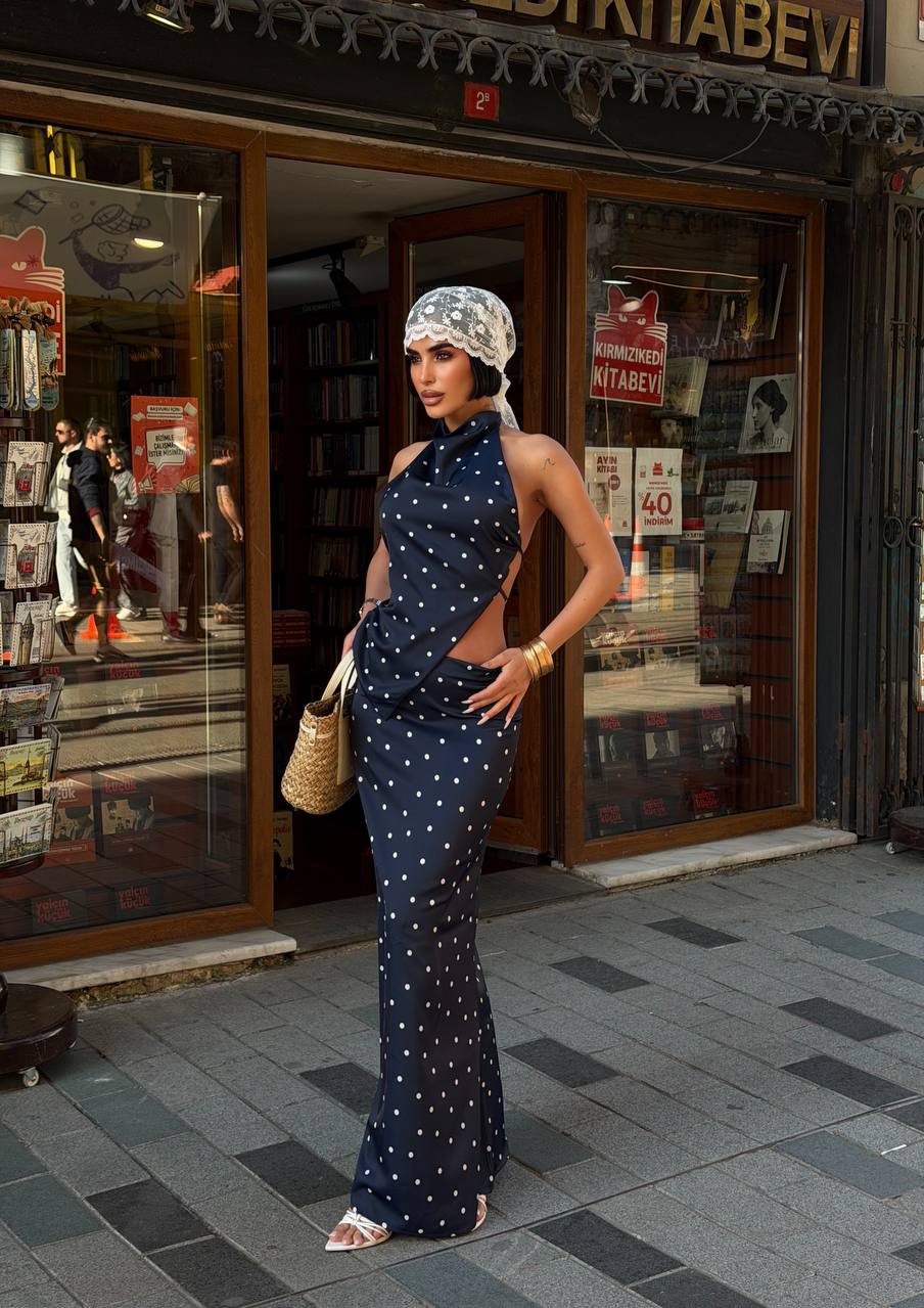 Polka-dot 2pc Halter and maxi skirt - 1292