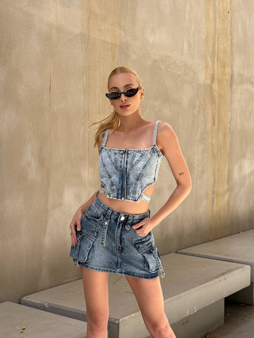 Urban Edge Denim Skirt Set – 1124