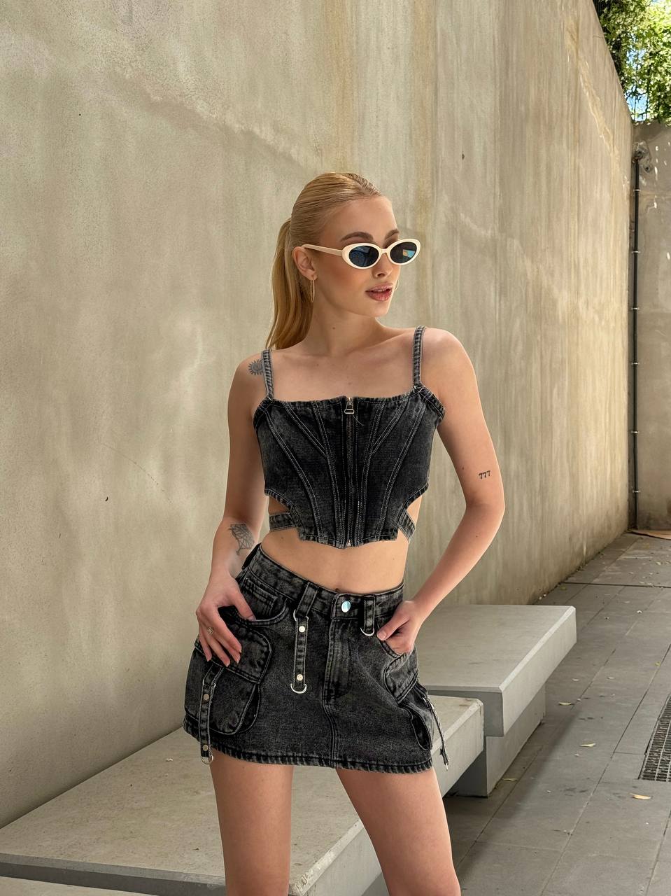 Urban Edge Denim Skirt Set – 1124