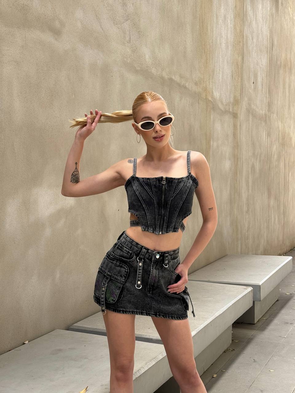 Urban Edge Denim Skirt Set – 1124