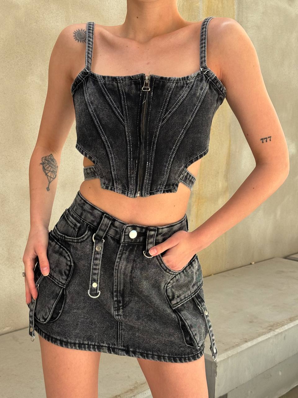 Urban Edge Denim Skirt Set – 1124