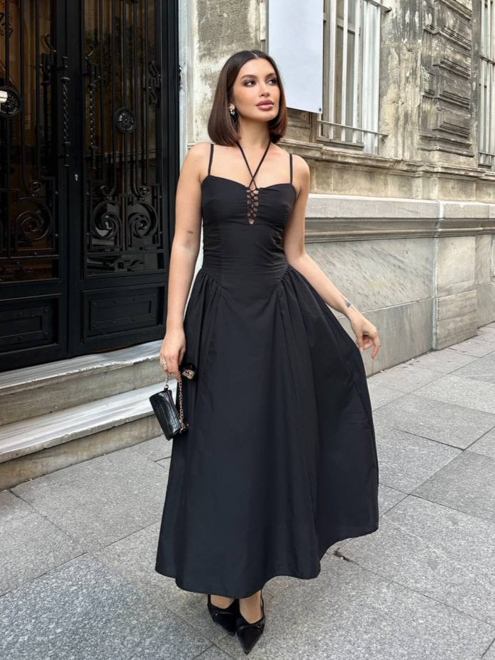 The Lace-Up Elegance Midi Dress - 1163