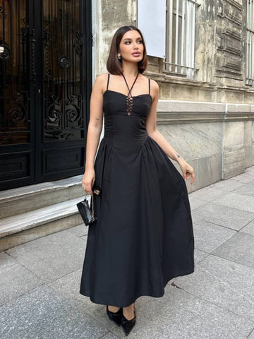 The Lace-Up Elegance Midi Dress - 1163