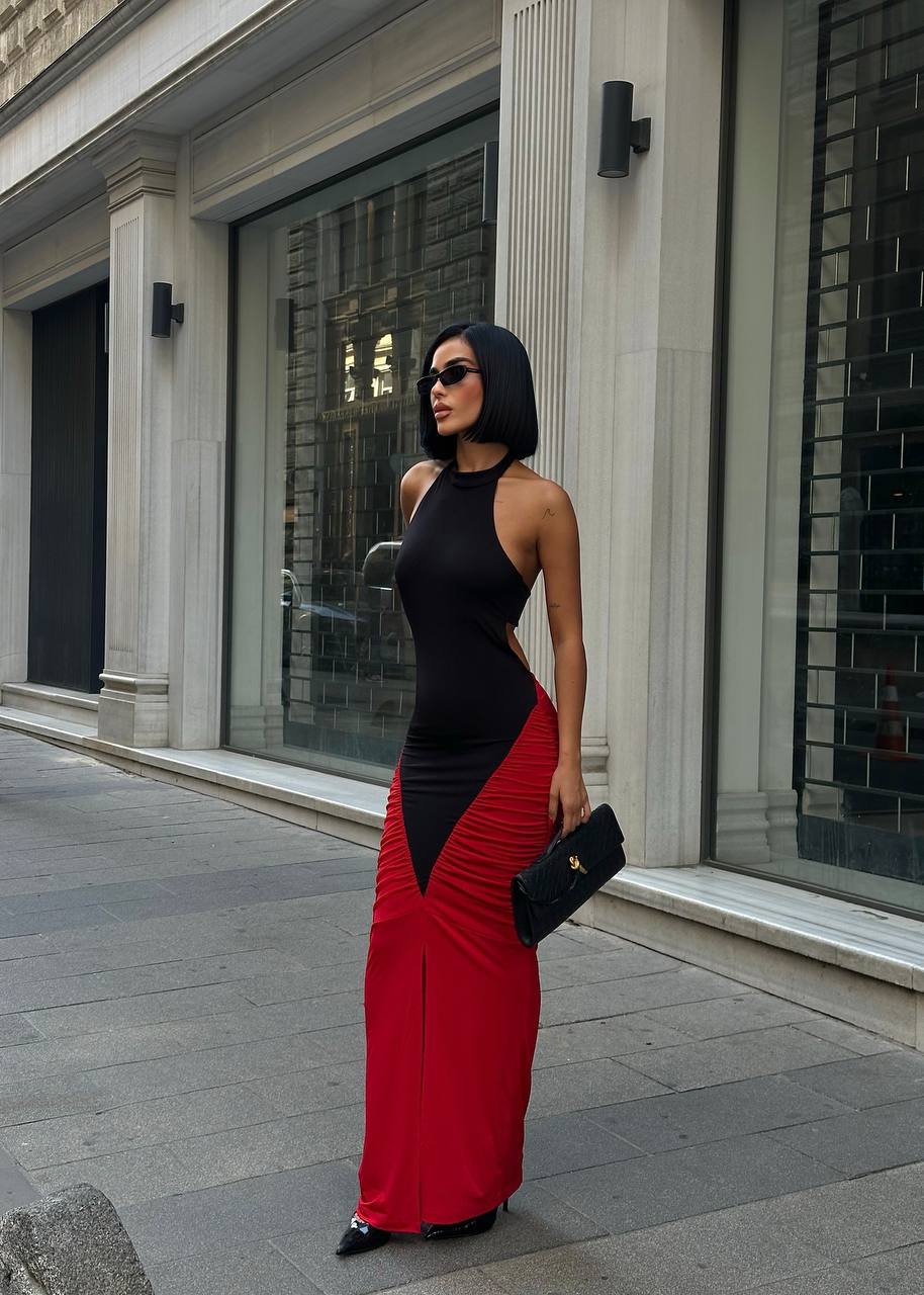 Midnight Charm  Maxi Dress  Bodycon  Contrast Ruched 1251