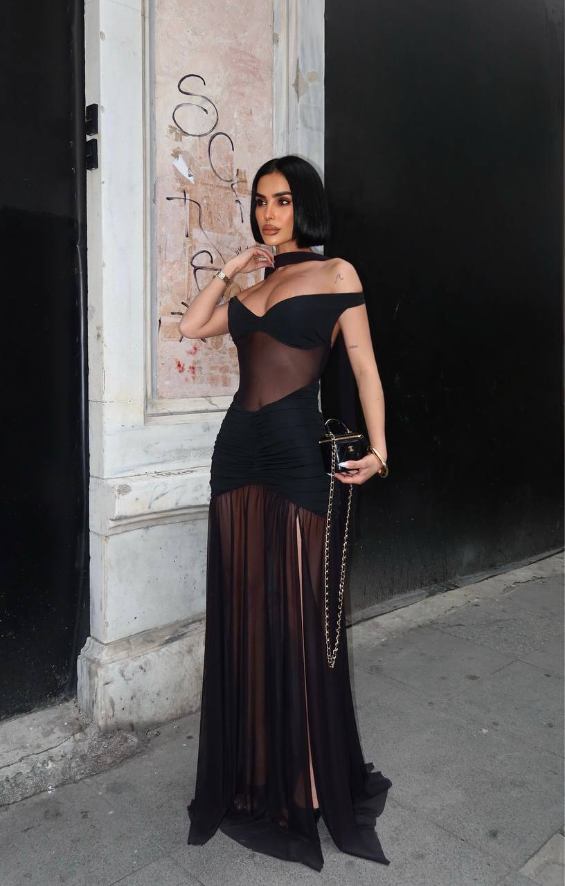 Maxi evening dress with sheer overlay - 1288