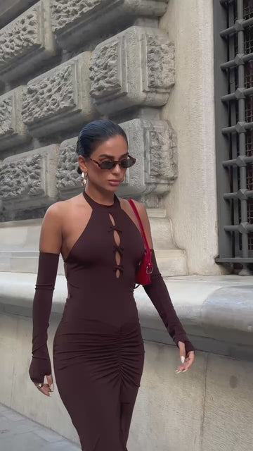 The Noir Elegance Halter Midi Dress - 1045